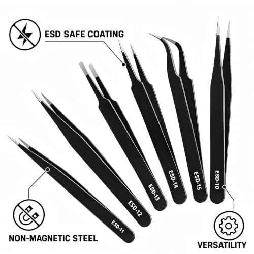6-Piece Precision Tweezers Set, ESD Tools for Electronics Repair and Crafts