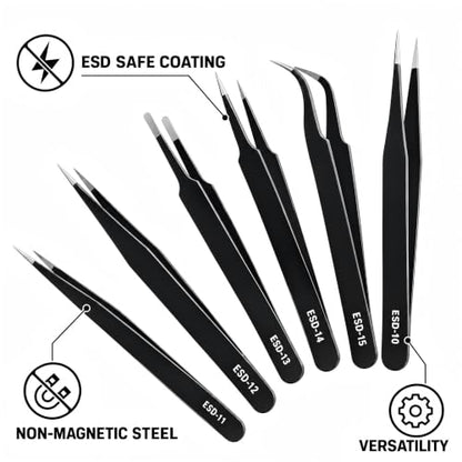 6-Piece Precision Tweezers Set, ESD Tools for Electronics Repair and Crafts