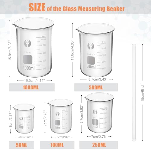 Feekoon 10 Pieces Glass Measuring Beaker Graduated Measuring Cylinder with Stirring Rod 50/100/ 250/500/ 1000 ml Thick Glass Beakers 5/10/ 50/100 ml Graduated Cylinders for Science Lab(5.9 Inch)