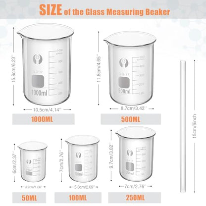 Feekoon 10 Pieces Glass Measuring Beaker Graduated Measuring Cylinder with Stirring Rod 50/100/ 250/500/ 1000 ml Thick Glass Beakers 5/10/ 50/100 ml Graduated Cylinders for Science Lab(5.9 Inch)