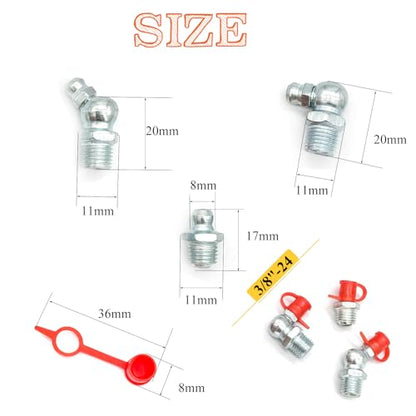 18Pcs 3/8"-24 Straight 45 90 Degree Grease Fitting Assortment Kit with Grease Zerk Fittings Caps, Galvanized Steel Hydraulic Grease Zerk for Industrial and Agricultural Machinery Cars Ships ets - size: 3/8"-24-18 Pcs
