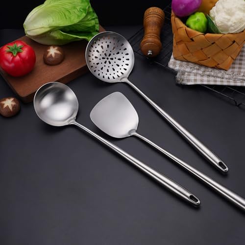 17″ Wok Spatula and Ladle, Skimmer Spoon - 304 Stainless Steel Wok Tool Set - color: 3-Pieces