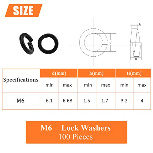 HELIFOUNER 100 Pieces 8.8 Grade Alloy Steel M6 Split Lock Washers, Spring Lock Washers for Screws Bolts, Black - color: Black, size: M6 (100 PCS)
