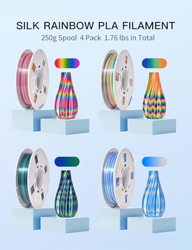 PINBALL Silk Rainbow 3D Printer Filament Bundle, Shiny Multicolor PLA Filament Fast Color Change, 250g Spool, 4 Rolls, 4 Colors - color: Pla-250g*4-silk Rainbow, size: PLA-250g*4