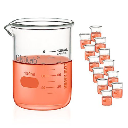 Glass Beakers, Heavy Duty, with Double Scale Printed Graduation. 12pcs of Vol.150ml, HBKG150C12 - style: 12pcs of 150ml