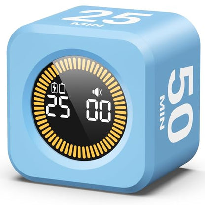KADAMS Visual Timer – Cube Pomodoro Timer, LED Countdown Ring & Count Up Mode, Silent Flip Productivity Timer for Study, Classroom, Office, Cooking (Blue 5-10-25-50 min) - color: Blue 5-10-25-50 Min