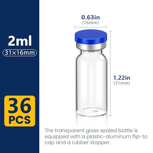 FURWEY 2ML Sterile Vials, Glass Empty Vials for Injection, 36 Pack - size: 2ML-36P