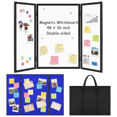 48 x 36 Trifold 3-Panel Display Board with Blue Felt Board and Storage Bag - color: White-blue, size: 48 x 36inch