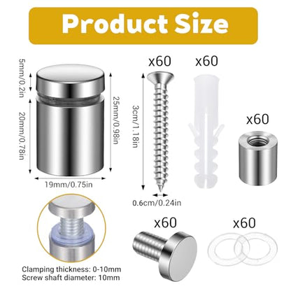 60 Packs Sign Standoff Screws Advertising Screws Stainless Steel Wall Standoff Mounts Glass Acrylic Nail for Glass Artwork and Sign Displays - color: 60pcs
