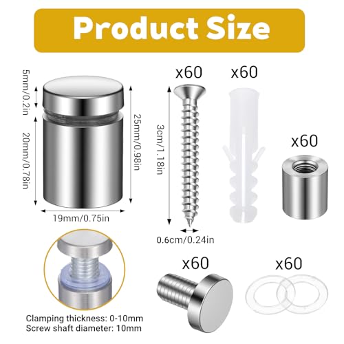 60 Packs Sign Standoff Screws Advertising Screws Stainless Steel Wall Standoff Mounts Glass Acrylic Nail for Glass Artwork and Sign Displays - color: 60pcs