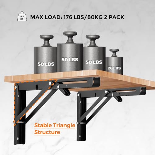 Ravinte Matte Black Folding Shelf Brackets, 12 Inch, 4 Pack - size: 12 Inch