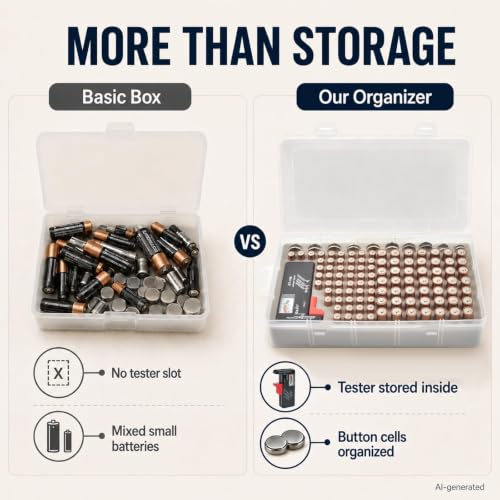 Xuerdon 120-Slot Battery Organizer Case with Tester for AA AAA & Coin Cells - color: white with Tester