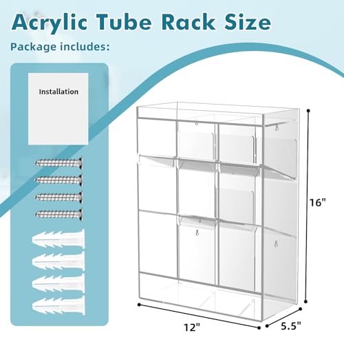 Acrylic Test Tube Rack, Clear Tube Holder Organizer Stand with 9 Compartments, Extra Bottom Storage, and 4 Pull-Out Trays, Wall Mount or Countertop for Lab, Hospital, Office, 16"H x 12"W x 5.5"D - size: 9 Compartment 16" H x 12" W x 5.5" D