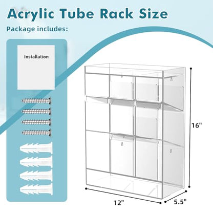 Acrylic Test Tube Rack, Clear Tube Holder Organizer Stand with 9 Compartments, Extra Bottom Storage, and 4 Pull-Out Trays, Wall Mount or Countertop for Lab, Hospital, Office, 16"H x 12"W x 5.5"D - size: 9 Compartment 16" H x 12" W x 5.5" D