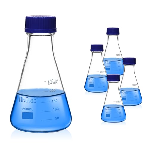 4pcs Erlenmeyer Flask Set with Blue Cap, Glass Erlenmeyer Flasks, 250ml Lab Erlenmeyer Flasks, Borosilicate 3.3 Glass Material with Printed Graduation, EFG45G250A4 - style: 4 Pcs of 250ml