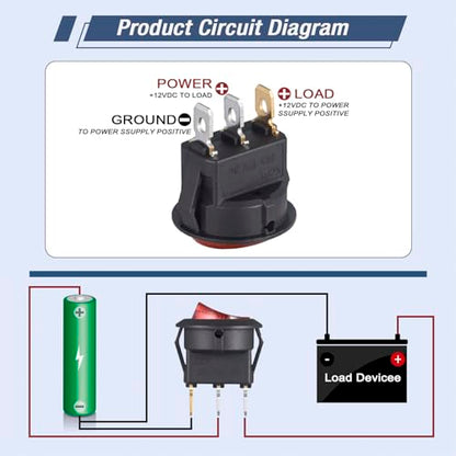 VEXUNGA Round Rocker Switch 12V 20A Red Light Iluminated Small Rocker Switch On Off 3 Pin Circle Square Toggles Switches for RV Car Truck Boat (Pack of 5pcs) - style: 5Pcs 3 Pin ON/OFF - Red