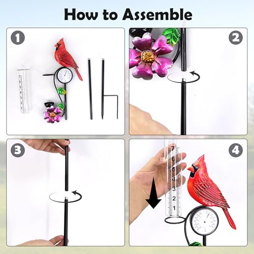40in Red Bird Rain Gauge Thermometer Metal Garden Stake Decor - color: Red Bird