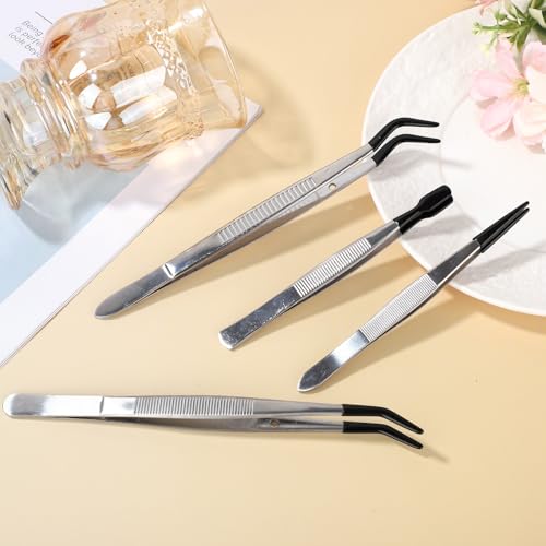 4pcs Rubber Tip Tweezers Set, Stainless Steel Precision Craft Tweezers Anti-Static Rubber Fine Flat & Bent Tip Tweezer for Crafts Jewelry Making Electronics Model Laboratory Work Lashes (Set 2) - style: Set 2