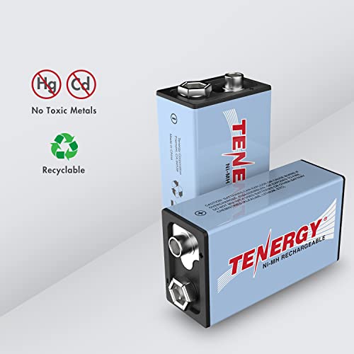 Tenergy 9V Battery Rechargeable 250mAh 4 Pack NiMH Square Battery with 2 Bay 9V Battery Charger for Smoke Alarm/Detector - size: Charger + 4 Pack 9Vs