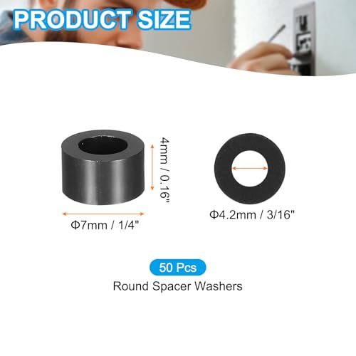 PATIKIL 50Pcs ABS Spacers 4mm ID, 7mm OD, 4mm Height Plastic Round Stud Spacer Black Nylon Washers Nut Unthreaded Rubber for M4 Screws Bolts Barrel - size: 4mm ID, 7mm OD, 4mm Height