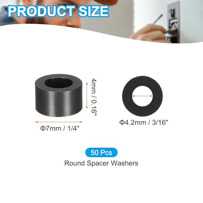 PATIKIL 50Pcs ABS Spacers 4mm ID, 7mm OD, 4mm Height Plastic Round Stud Spacer Black Nylon Washers Nut Unthreaded Rubber for M4 Screws Bolts Barrel - size: 4mm ID, 7mm OD, 4mm Height