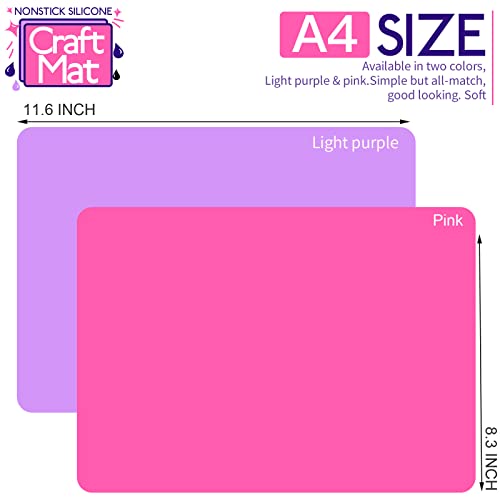 LEOBRO Silicone Mat, Silicone Mats for Crafts, 2pcs Silicone Mat for Jewelry Resin Molds, Silicone Mats for UV Resin Molds, DIY Art Crafts, Hot Pink & Light Purple, 11.69" x 8.26" (Pack of 2) - color: Light Purple & Rose Red, size: 11.7" x 8.3" (Pack of 2