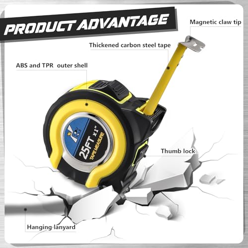 Youyole 10 Pack Tape Measure with Fractions 1/8 Steel Measuring Tape Retractable Easy Read Measurement Ruler Steel Power Blade (25 ft X 1 in,Yellow) - color: Yellow