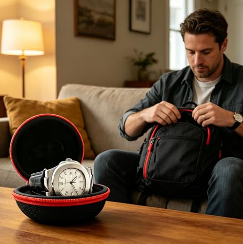 Travel Watch Case, TICFROG Portable Single Watch Case Roll Storage Box for Men's Wristwatches & Smart Watches up to 50mm with 7.08'' X 7.08'' Cleaning Cloth, Blcak Red - color: Black Red