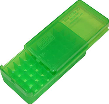 MTM Case-Gard P50SS-9M-16 Side Slide Ammo Box, 50 Round 9mm Luger 380 ACP 30 Luger 30 S Carry 32 S&W 9mm Makarov, USA Made, Clear Green - color: Clear Green