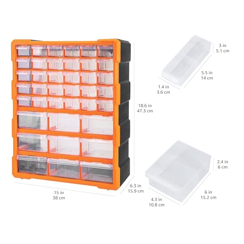 Amazon Basics Wall Mount Hardware and Craft Storage Cabinet Organizer with 39 Drawers, Plastic Garage Organization System with Dividers for Small Parts, Black, Orange, 15" x 6.3" x 18.6"