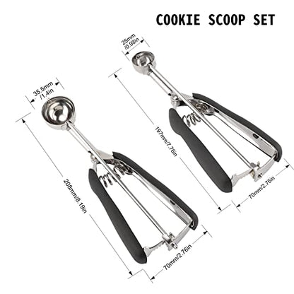 Small Cookie Scoop Set - 2 PCS Include 1 tsp / 1 Tbsp Cookie Dough Scoop, Cookies Scoops for Baking, Made of 18/8 Stainless Steel, Good Soft Grips, Quick Trigger Release - size: 25 & 35 mm / Set of 2