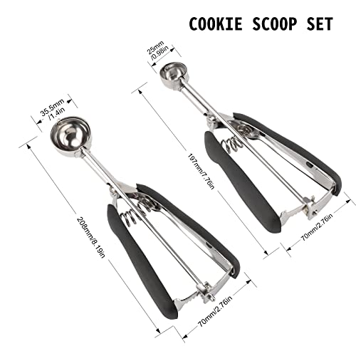 Small Cookie Scoop Set - 2 PCS Include 1 tsp / 1 Tbsp Cookie Dough Scoop, Cookies Scoops for Baking, Made of 18/8 Stainless Steel, Good Soft Grips, Quick Trigger Release - size: 25 & 35 mm / Set of 2