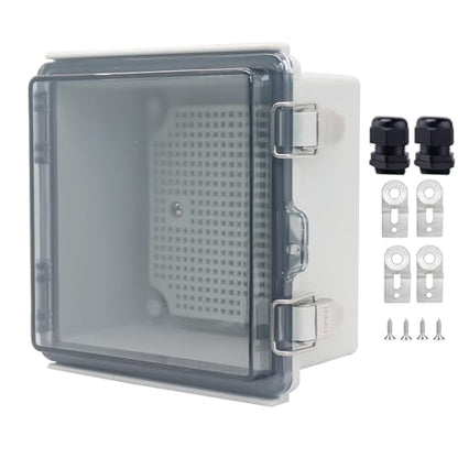 Waterproof Junction Box, ABS Plastic Electrical Box with Stainless Steel Latch, Hinged Cover Electric Project Enclosure Box with Mounting Plate, Wall Brackets & Cable Gland 5.9"x5.9"x3.5" - color: Clear, size: 5.9"x5.9"x3.5"