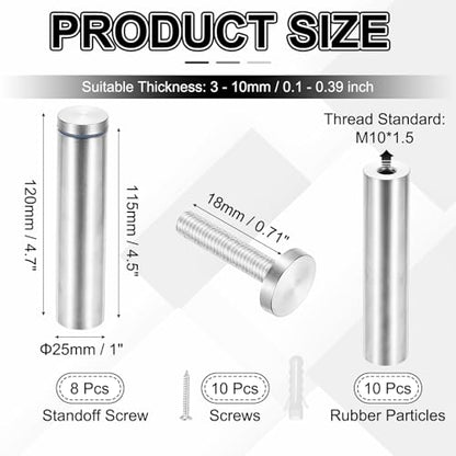 PATIKIL 1x4.7" Standoff Screws, 8 Pack Stainless Steel Stand Off Wall Mounts Wall Sign Mounting Hardware Advertising Standoff Nail for Hanging Acrylic Signs Picture Frame, Silver - size: 1x4.7"