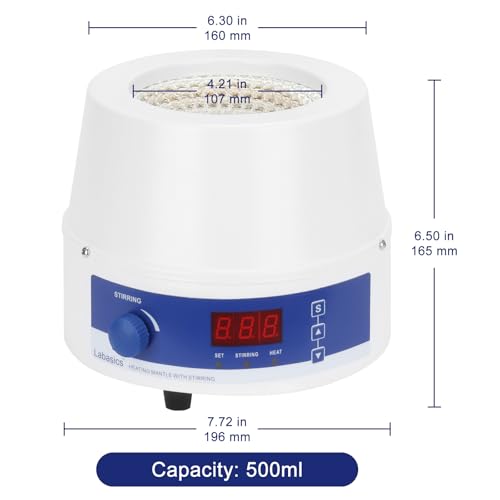 Labasics Electric Stirring Heating Mantle, Adjustable Temperature and Speed, with Digital Display, for Laboratory Solution Mixing, Refluxing, Distillation, 110 V 250 W, 500 ml