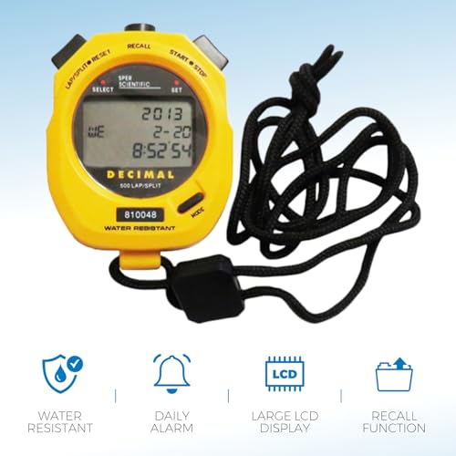 Sper Scientific Stopwatch, Water Resistant, Decimal Display and Multi-Split Stop Watch Timer for Sports, Coaches, Industrial Workers, and Trainers