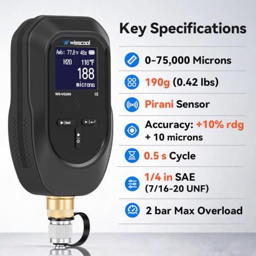 WISSCOOL HVAC Digital Micron Vacuum Gauge, 0-75000 Microns Visual Alert - color: Black