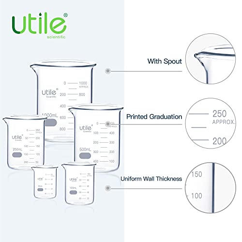 Utile Glass Beaker Set, Low Form Beakers, 5 Sizes of Vol.50ml 100ml 250ml 500ml 1000ml, 3.3 Borosilicate Glass with Double Scale Printed Graduation, 4099.0017.1 - style: 50ml 100ml 250ml 500ml 1000ml