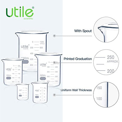 Utile Glass Beaker Set, Low Form Beakers, 5 Sizes of Vol.50ml 100ml 250ml 500ml 1000ml, 3.3 Borosilicate Glass with Double Scale Printed Graduation, 4099.0017.1 - style: 50ml 100ml 250ml 500ml 1000ml