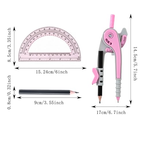 Unjoo Compass for Geometry Set, 6 Inch Protractor, Clear Plastic (Pink) - color: Pink