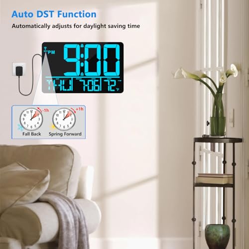 13" Bluetooth Auto Sync Wall Clock - Large Digital Alarm Clock with Remote - style: Blue Numbers