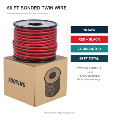 TUOFENG 18 AWG Silicone Wire, 66 ft Red Black 2-Conductor Tinned Copper - size: 18 AWG 2 Parallel Wire 66ft