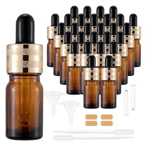 30 Pack 5ml Amber Glass Dropper Sample Bottles with Golden Caps - color: Amber, size: 5mL-30pcs