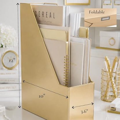 BLU MONACO | Gold Cardboard Magazine File Holder Set of 4 | Vertical Magazine File Holder for Shelves | Standing File Holder Desk Organizer - color: Gold