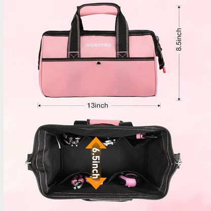 WORKPRO 13-Inch Tool Bag, Pink Soft Cloth Tool Storage Bags, Wide Mouth Tool Tote Bag with Inside Pockets - Pink Ribbon - color: Pink