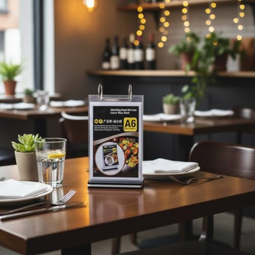 2Pcs Table Flip Menu Holder with 6 Pages Sleeve, 4" X 6" Tabletop Sign Vertical Display Stand with Base, Acrylic PVC Rotating Rack, for Photo, Restaurant, Bar, Job Fair - size: A6, Vertical, 2pcs
