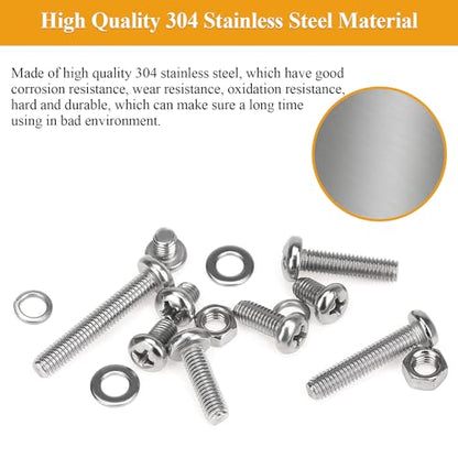 216 Pieces M5 Machine Screws Nuts Washers Set, Sutemribor M5 x 6/8/12/16/20/25/30mm Phillips Pan Head Machine Screws Nuts Washers Assortment Kit, 304 Stainless Steel, Fully Threaded - size: M5, style: Phillips Pan Head