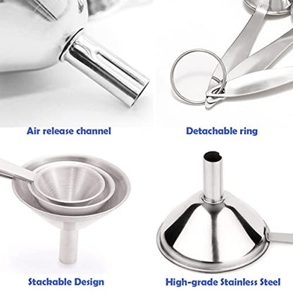 Small Funnels for Filling Bottles, 3 Pcs Stainless Steel Kitchen Funnel Set, Food Grade Mini Metal Funnel for Transferring Oil Liquid, Easy Cleaning with a Brush (Long Handle) (Pack of 2) - size: long handle (Pack of 2)