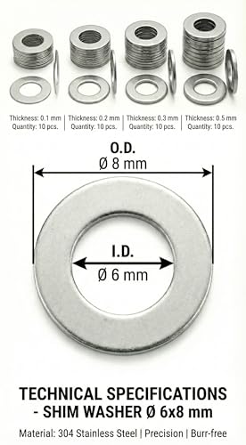 6x8mm Shim Washers Stainless Steel 40pc 0.1-0.5mm 6mm ID M6 - size: 6x8