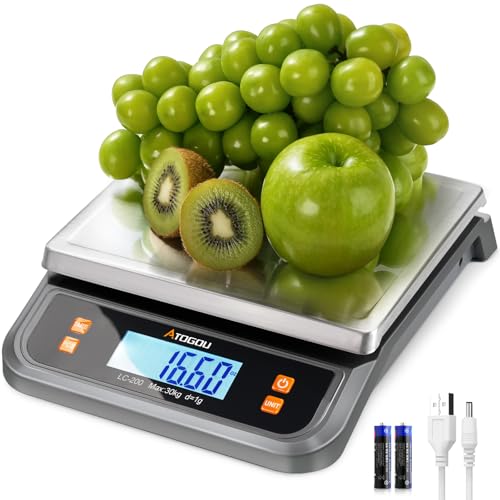 Atogou 66lb Food Scale, Commercial Kitchen Scale Plug-in Usable with Full View LCD Display, Stainless Steel, for Baking, Bread, Cooking, Meat, Vegetables, Farm, Industry LC200 Grey - size: Grey 66 lb (30 kg)